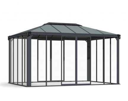 Ledro 3m x 4.3m enclosed gazebo grey with slanted roof and polycarbonate panels, set in a landscaped outdoor area