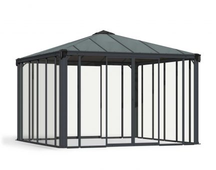 Elegant Ledro 3.6m x 3.6m grey enclosed gazebo with a sleek slanted roof and durable polycarbonate panels