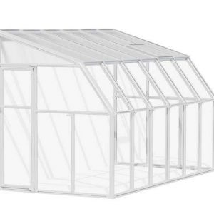 2m x 3.5m white Lean to Conservatory sunroom with clear polycarbonate panels, offering a bright, airy interior and a sleek, modern design
