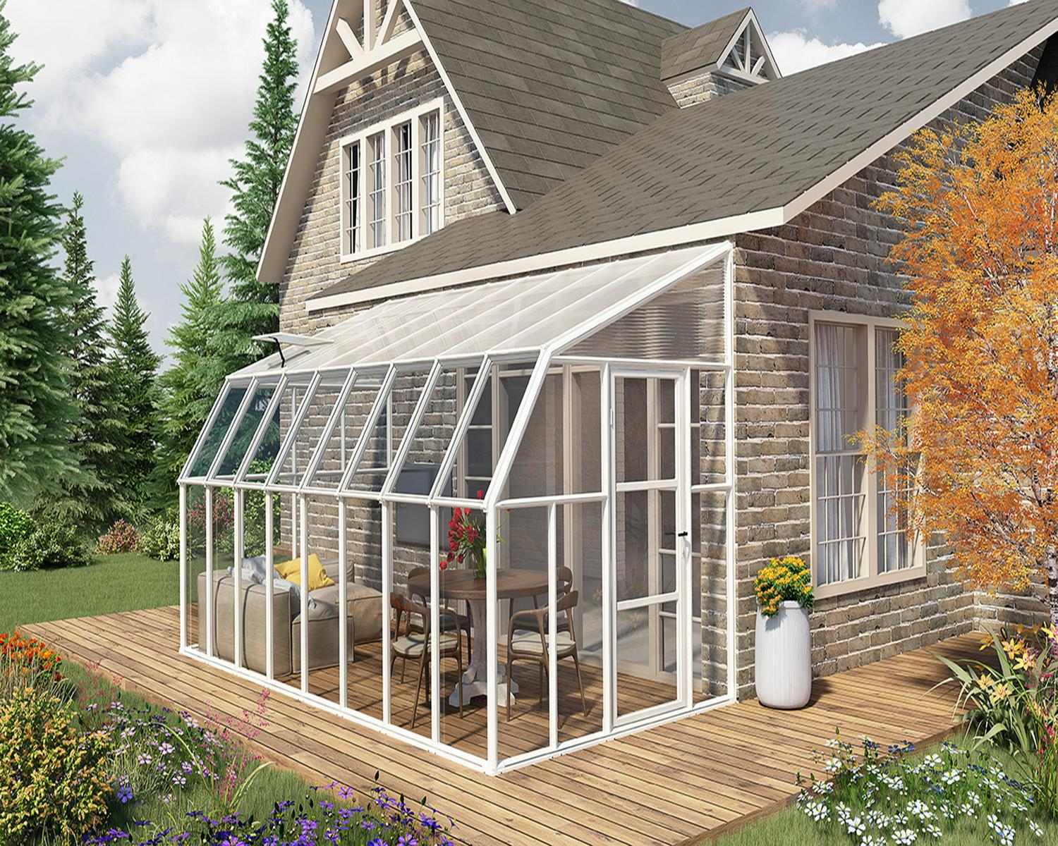 2.5m x 5m white Lean to Conservatory sunroom with clear polycarbonate panels, set on a wooden deck surrounded by trees and flowers