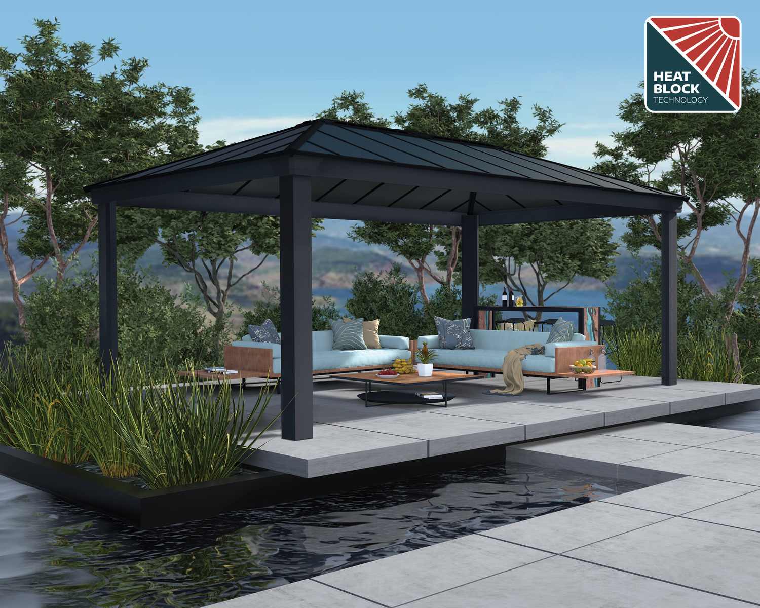 Grey Dallas 3.6m x 6m garden gazebo with twinwall polycarbonate roof, HeatBlock technology, sturdy frame, and outdoor furniture