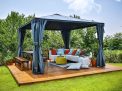 Palermo 3.6m x 3.6m grey garden gazebo with modern design, slanted roof, and polycarbonate panels in an outdoor setting