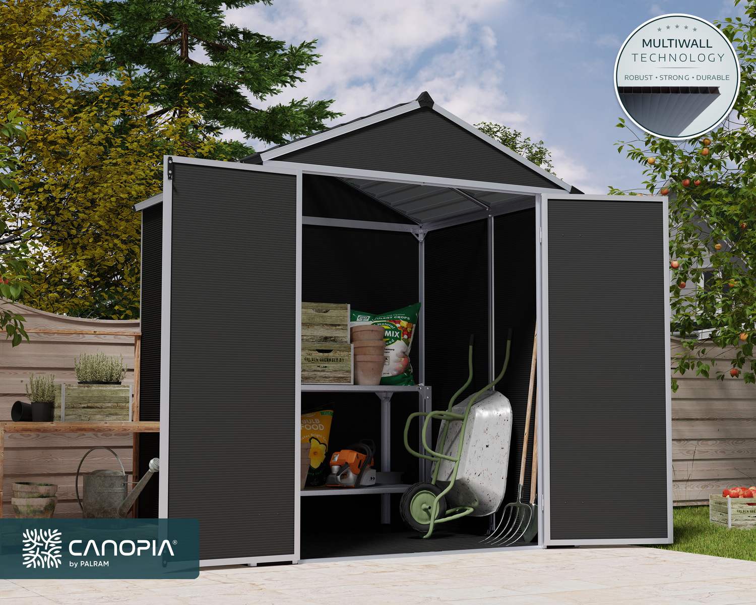 6ft x 5ft grey Rubicon garden shed with a sturdy aluminum frame and multiwall polycarbonate panels, set in a neat backyard surrounded by greenery