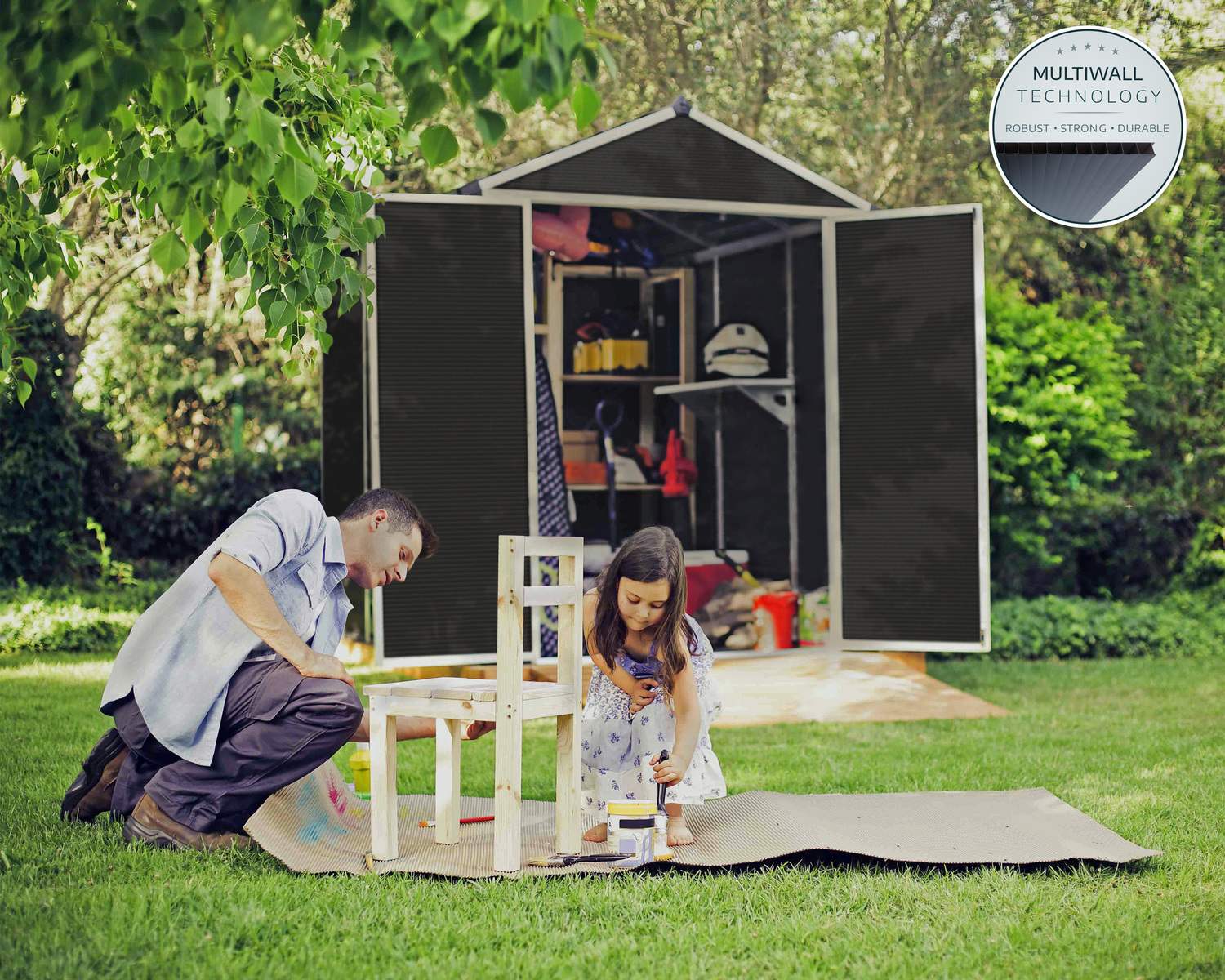 6ft x 8ft grey Rubicon garden shed with a sturdy aluminum frame, multiwall polycarbonate panels, and open doors revealing tools and shelves