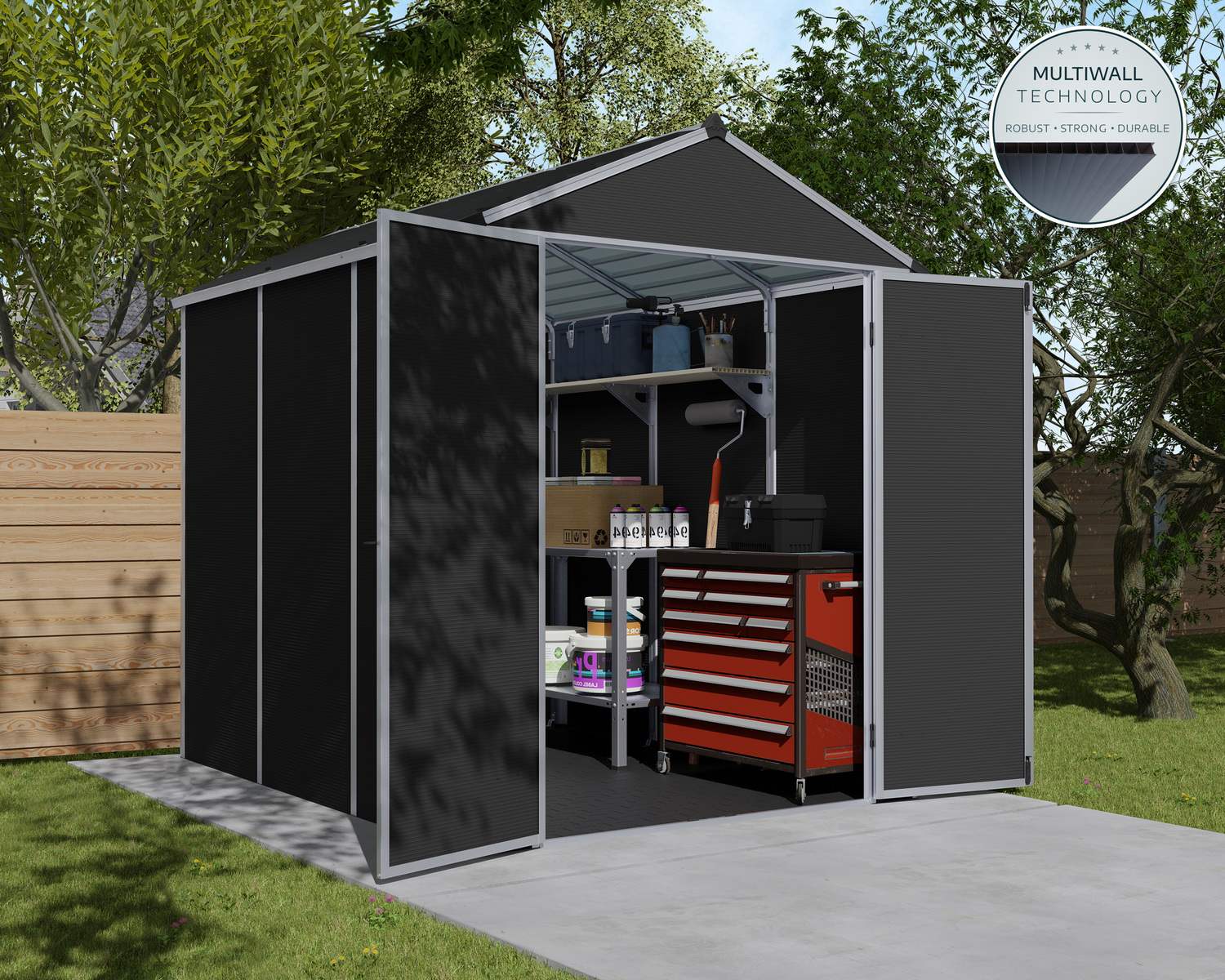 6ft x 8ft grey Rubicon garden shed with a sturdy aluminum frame, multiwall polycarbonate panels, and open doors revealing tools and shelves
