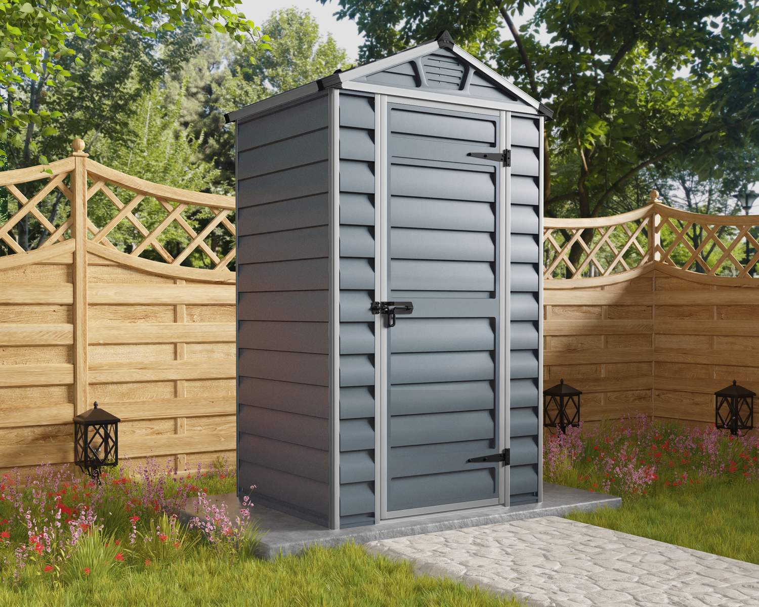 4ft x 3ft grey Skylight garden shed with a durable aluminum frame and multiwall polycarbonate panels, next to a wooden fence and greenery