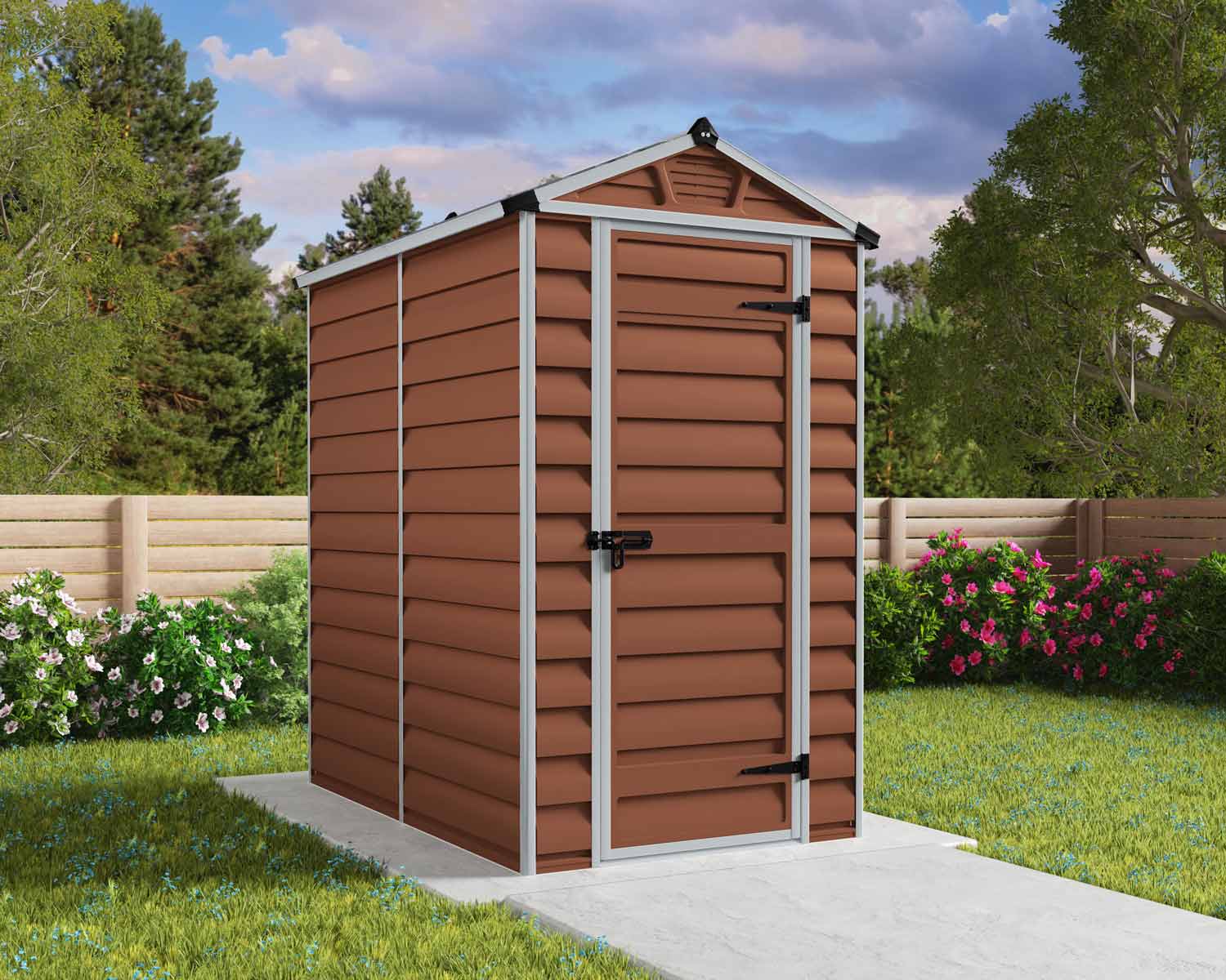 Amber 4ft x 6ft Skylight garden shed with a durable aluminum frame and polycarbonate panels, placed on a concrete base amidst greenery