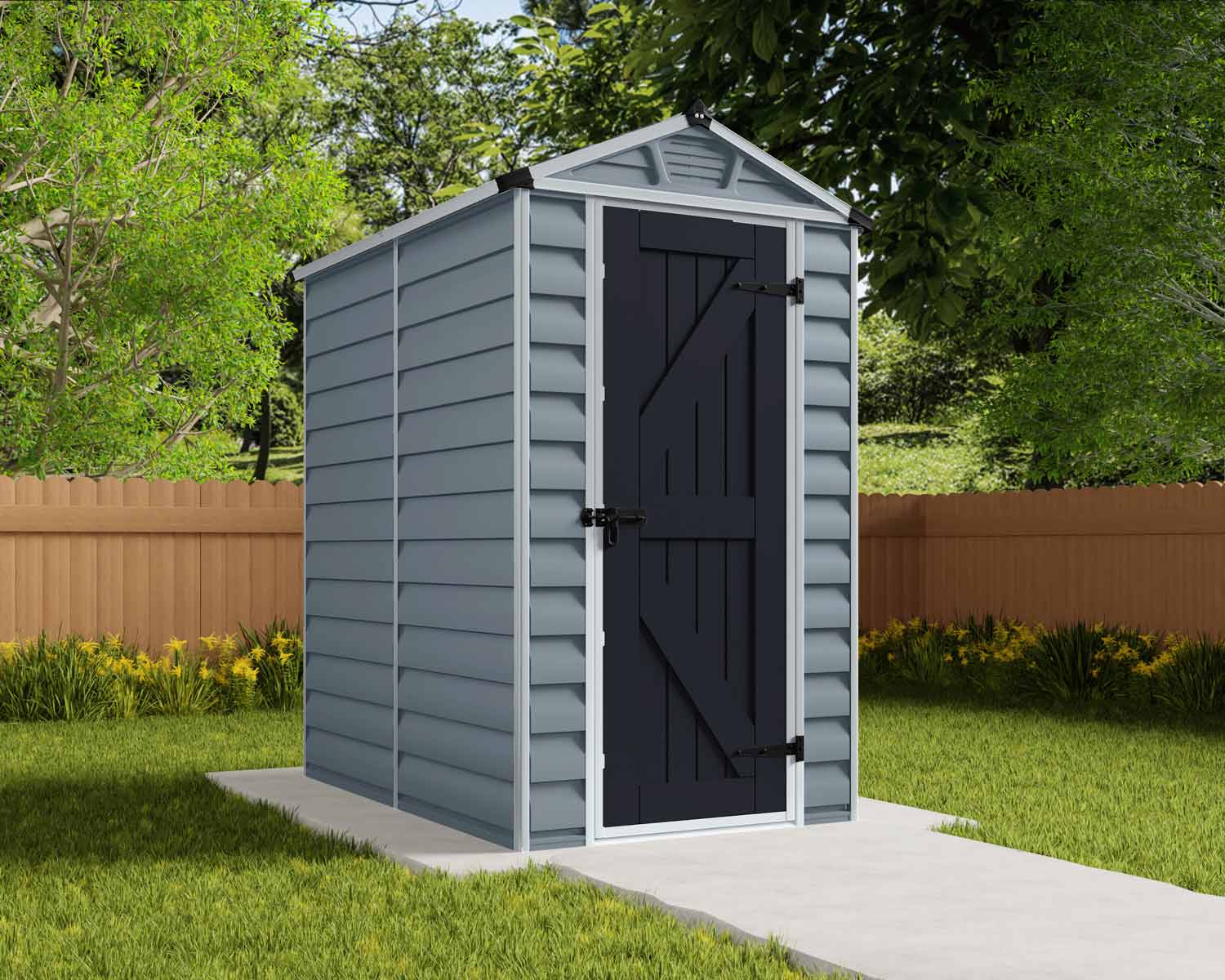 Grey Deco 4ft x 6ft Skylight garden shed with a durable aluminum frame and polycarbonate panels, placed on a concrete base amidst greenery