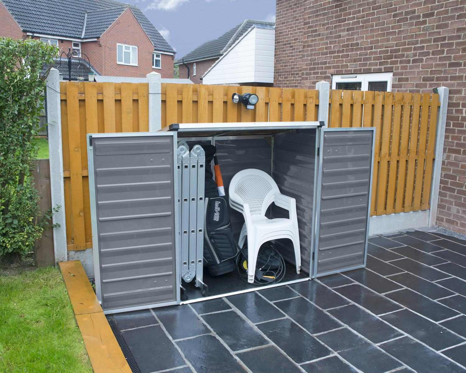 5ft x 3ft grey Voyager garden shed, featuring aluminum frame and weather-resistant polycarbonate panels, designed for lasting outdoor storage