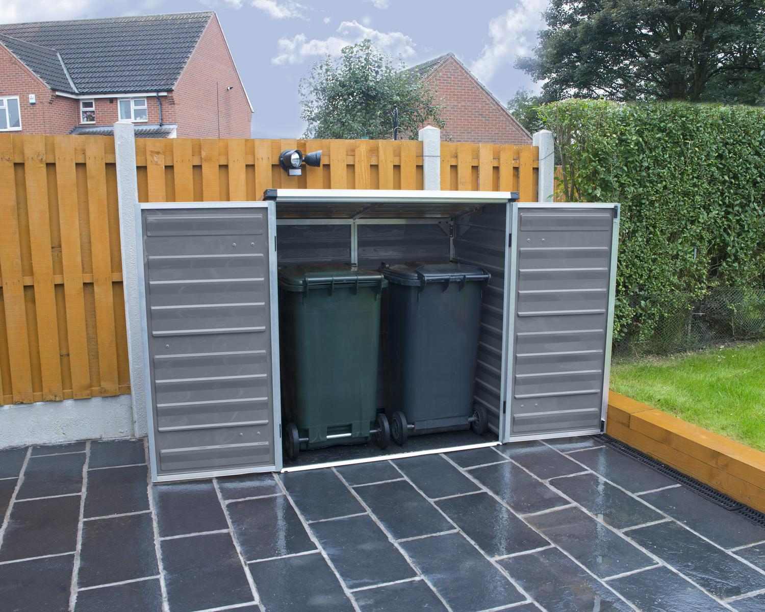 Voyager garden shed in grey, 5ft x 3ft, featuring a robust aluminum frame and polycarbonate panels, placed in a tidy backyard