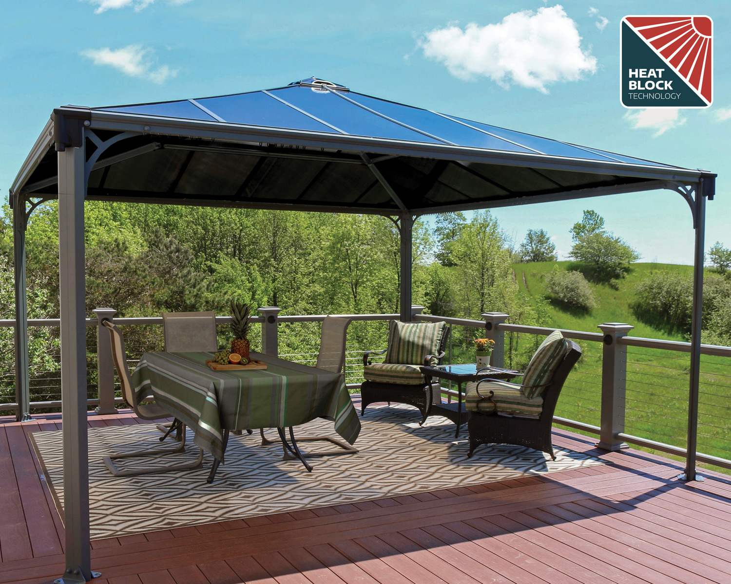 Palermo 4.3 x 4.3m grey garden gazebo with a sleek design, slanted roof, and durable polycarbonate panels, with two people dining underneath