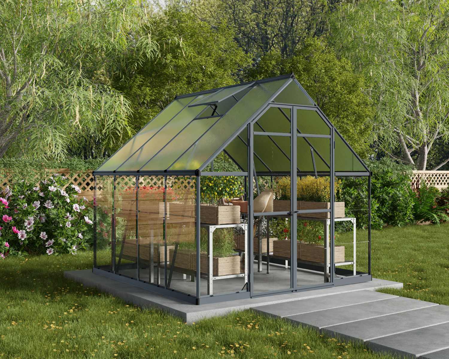 8ft x 8ft grey Balance greenhouse with an aluminum frame and clear polycarbonate panels, set in a garden with vibrant greenery