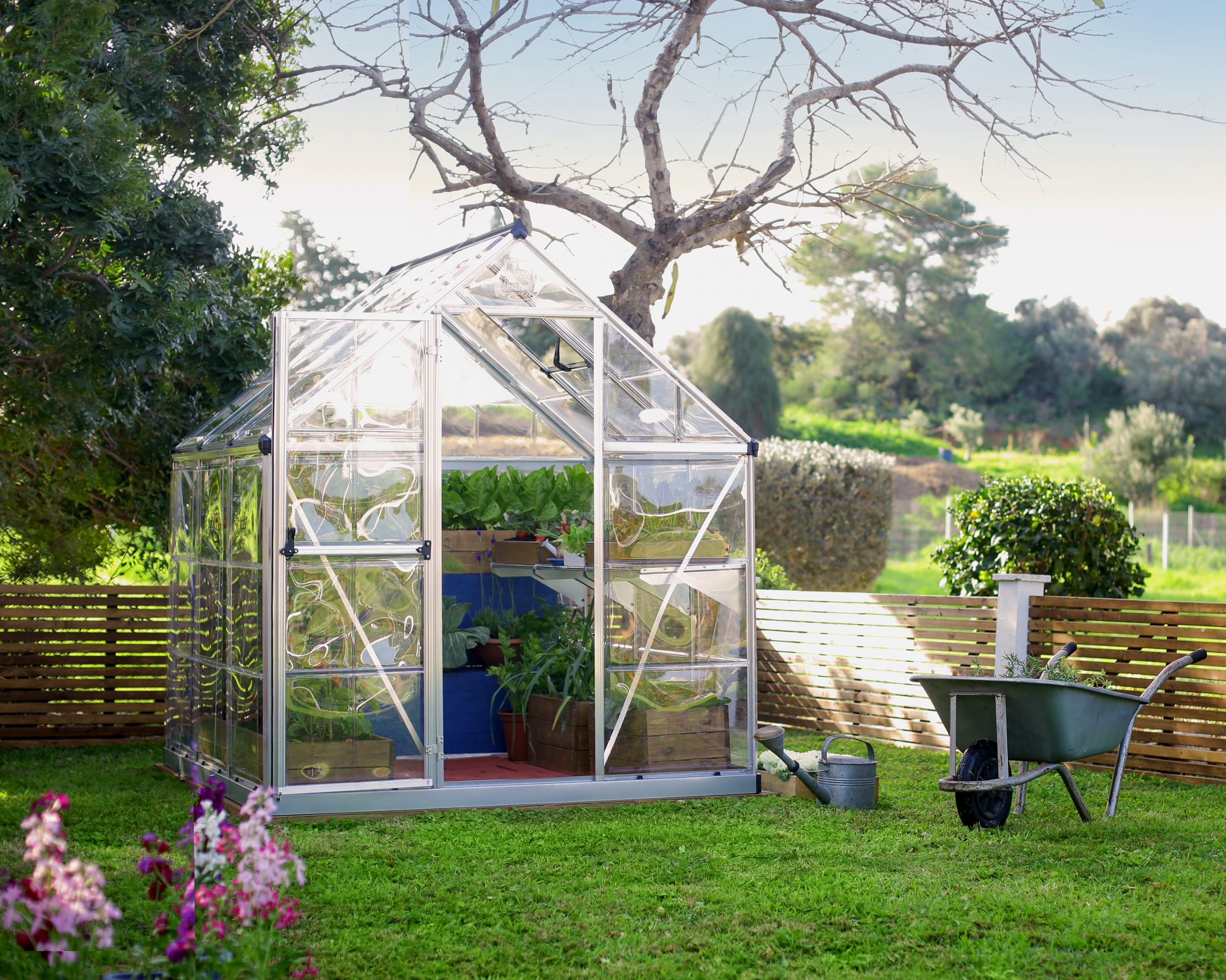 6ft x 6ft silver Harmony greenhouse with clear polycarbonate panels and an aluminum frame, beside a wheelbarrow and watering can