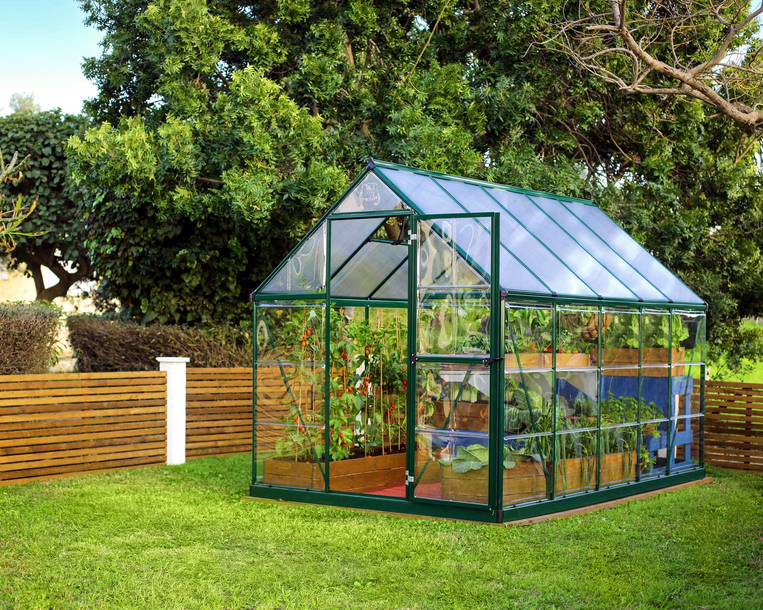 6ft x 10ft green Hybrid greenhouse with clear polycarbonate panels and an aluminum frame, set in a garden with lush plants