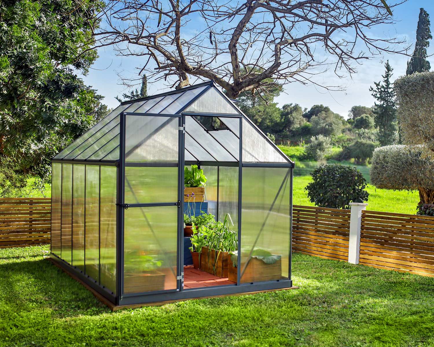 10ft x 6ft grey Mythos greenhouse with multi-wall polycarbonate panels and a durable aluminum frame, set in a bright garden environment