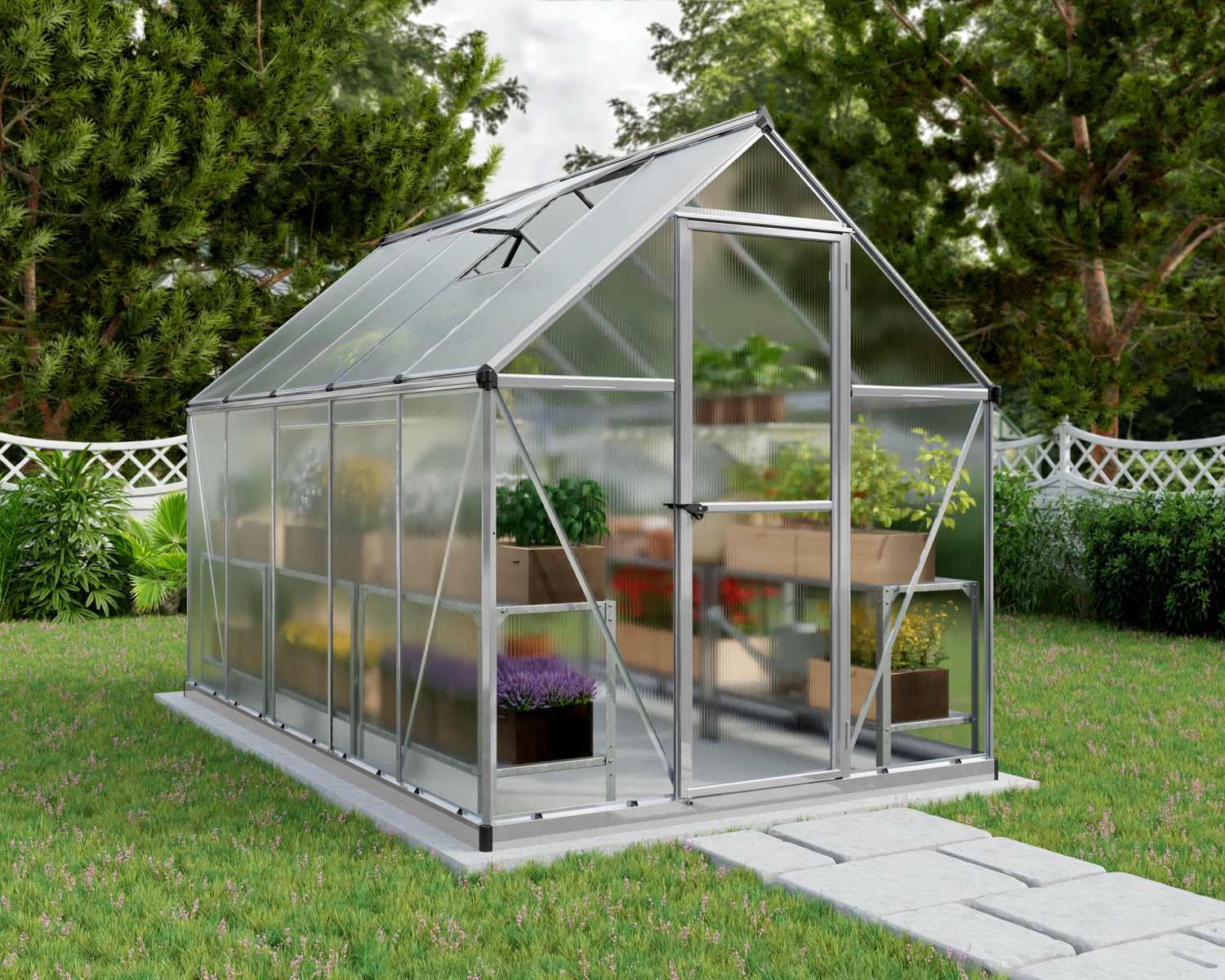 6ft x 10ft silver Mythos greenhouse with multi-wall polycarbonate panels and an aluminum frame, offering a sturdy and spacious structure for gardening