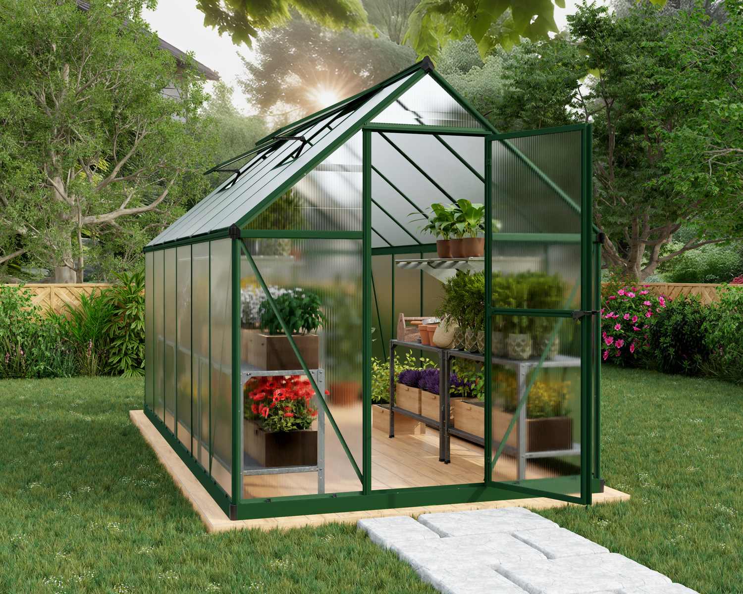 6ft x 12ft green Mythos greenhouse with polycarbonate panels and aluminum frame, set in an outdoor garden space