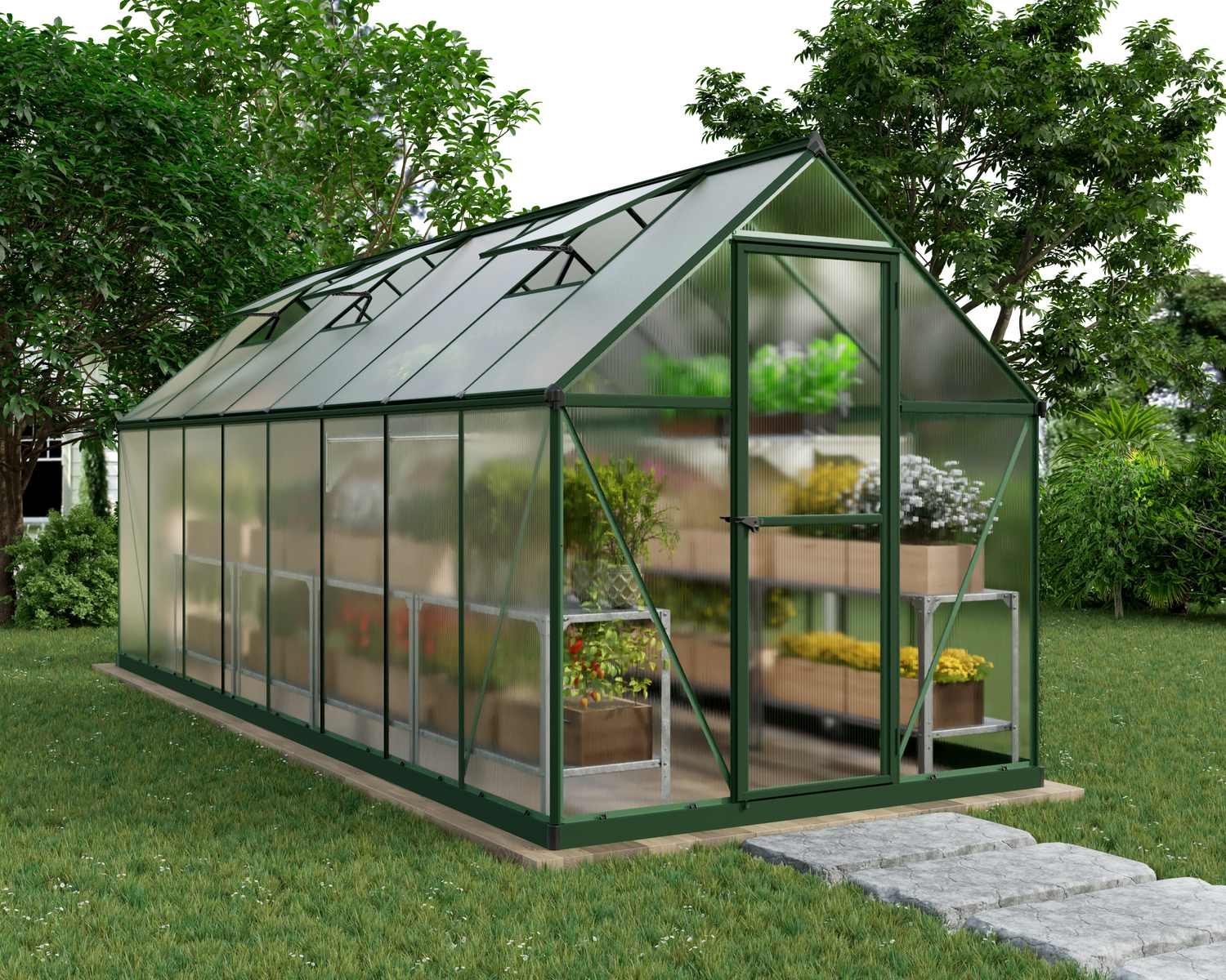 6ft x 14ft grey Mythos greenhouse with multi-wall polycarbonate panels, set in a lush garden with trees and a stone path