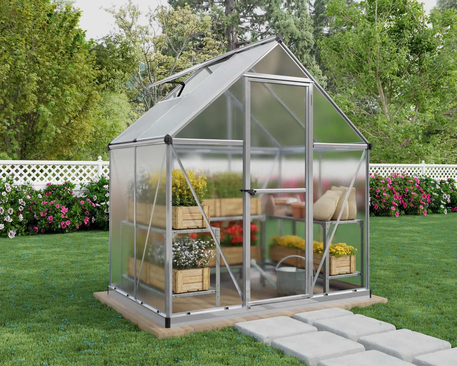 6ft x 4ft silver Mythos greenhouse with multi-wall polycarbonate panels and an aluminum frame, offering a sleek and modern design for your garden