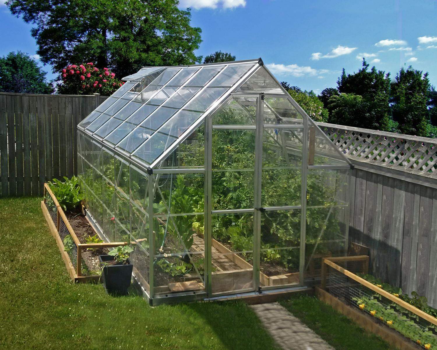8ft x 12ft silver Octave greenhouse with an aluminum frame and clear polycarbonate panels, filled with plants, set in a lush garden with trees