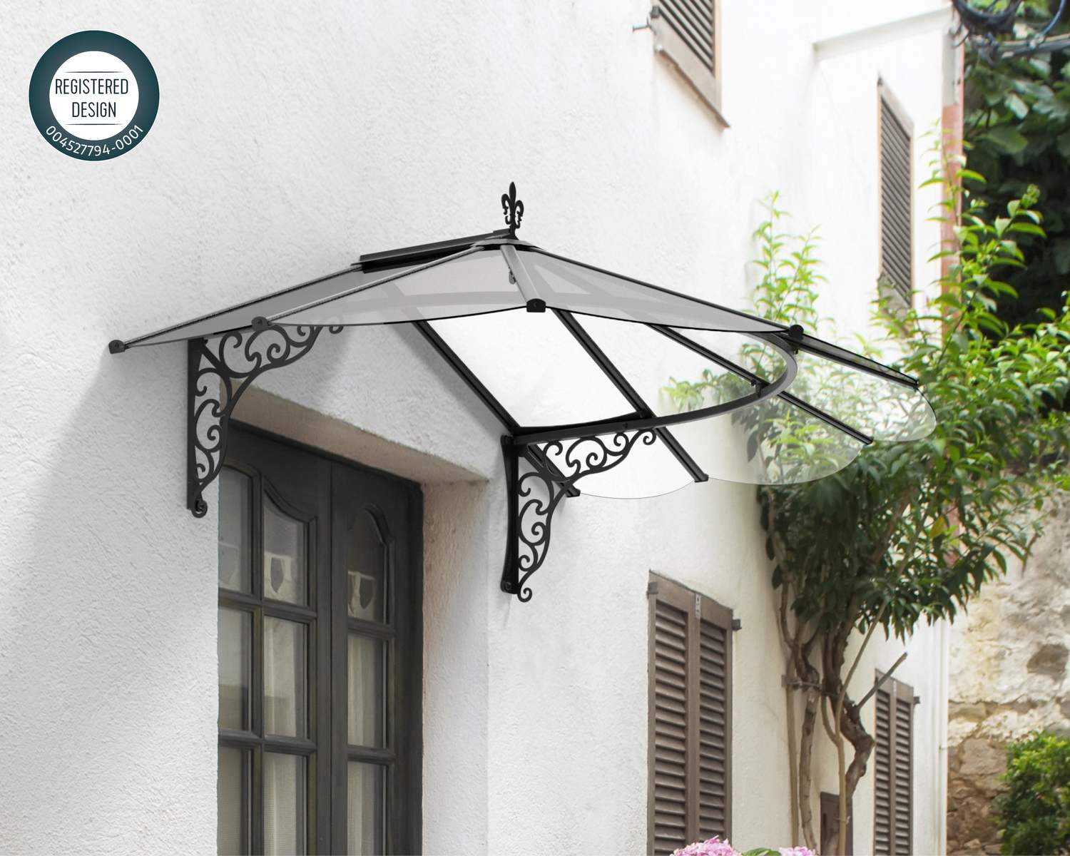 Black Iris Door Canopy featuring a compact and elegant design with durable polycarbonate panels, providing reliable protection for doorways