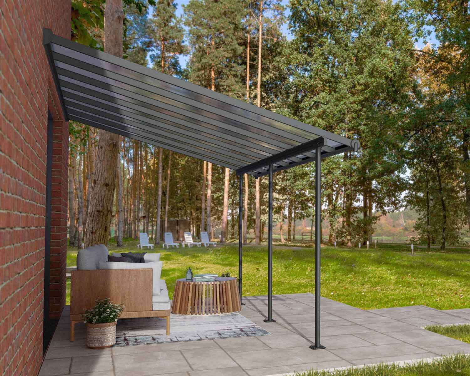Grey Sierra patio cover, 3m x 4.3m, with an aluminum frame and clear polycarbonate panels for durable shade and weather protection