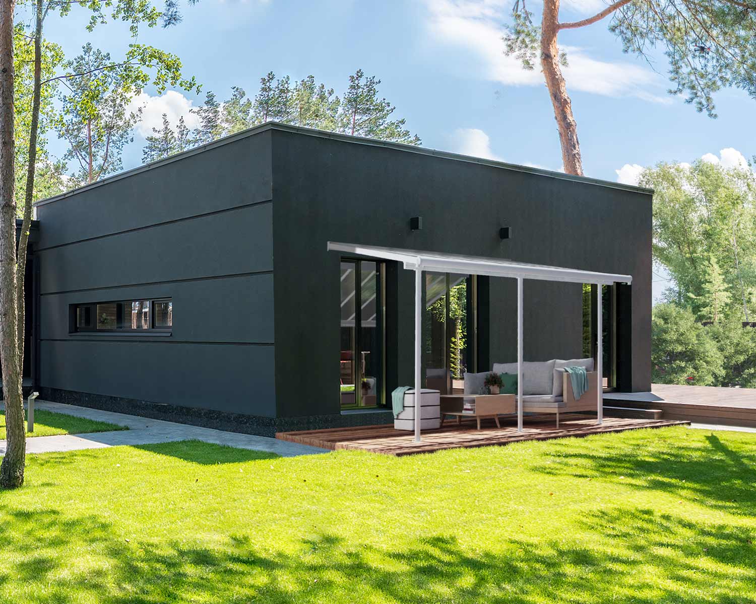 White Sierra patio cover, 3m x 4.3m, with a durable aluminum frame and clear polycarbonate panels, offering reliable outdoor weather protection