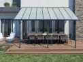 Grey Sierra patio cover, 3m x 5.5m, with a sturdy aluminum frame and clear polycarbonate panels for shade and outdoor weather protection