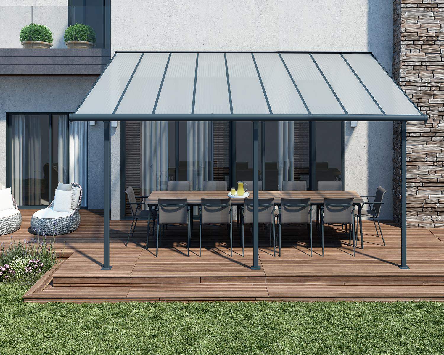 Grey Sierra patio cover, 3m x 5.5m, with a sturdy aluminum frame and clear polycarbonate panels for shade and outdoor weather protection
