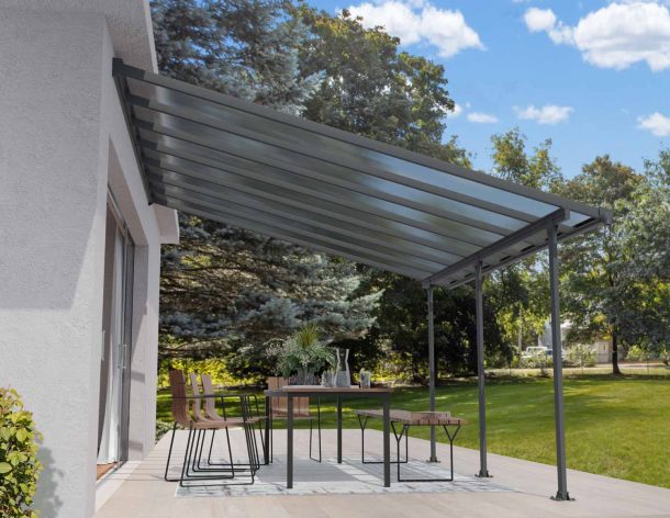 Grey 4m x 4m Feria patio cover with an aluminum frame and clear polycarbonate panels, offering shade and weather protection