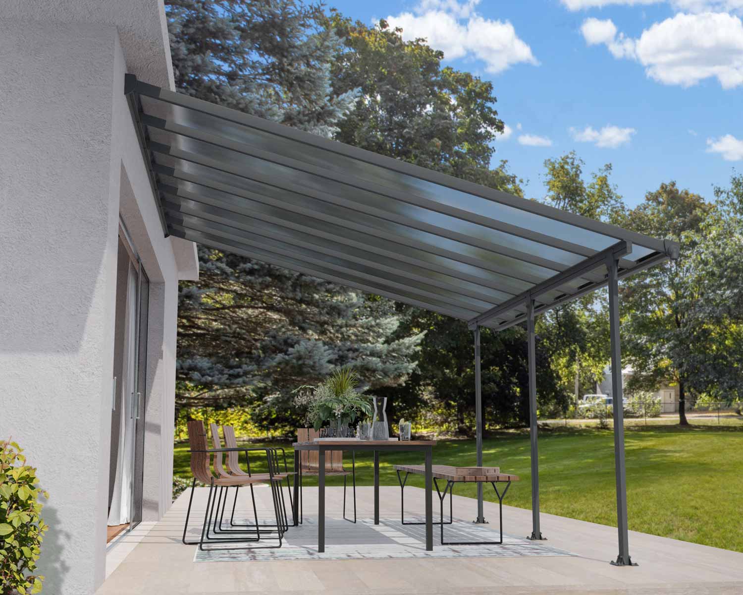 Grey 4m x 4m Feria patio cover with an aluminum frame and clear polycarbonate panels, offering shade and weather protection