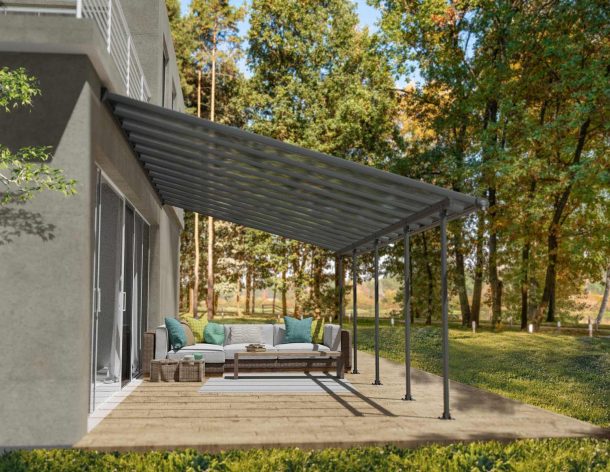 4m x 8m grey Feria patio cover featuring a sturdy aluminum frame and clear polycarbonate panels, offering durable outdoor weather protection