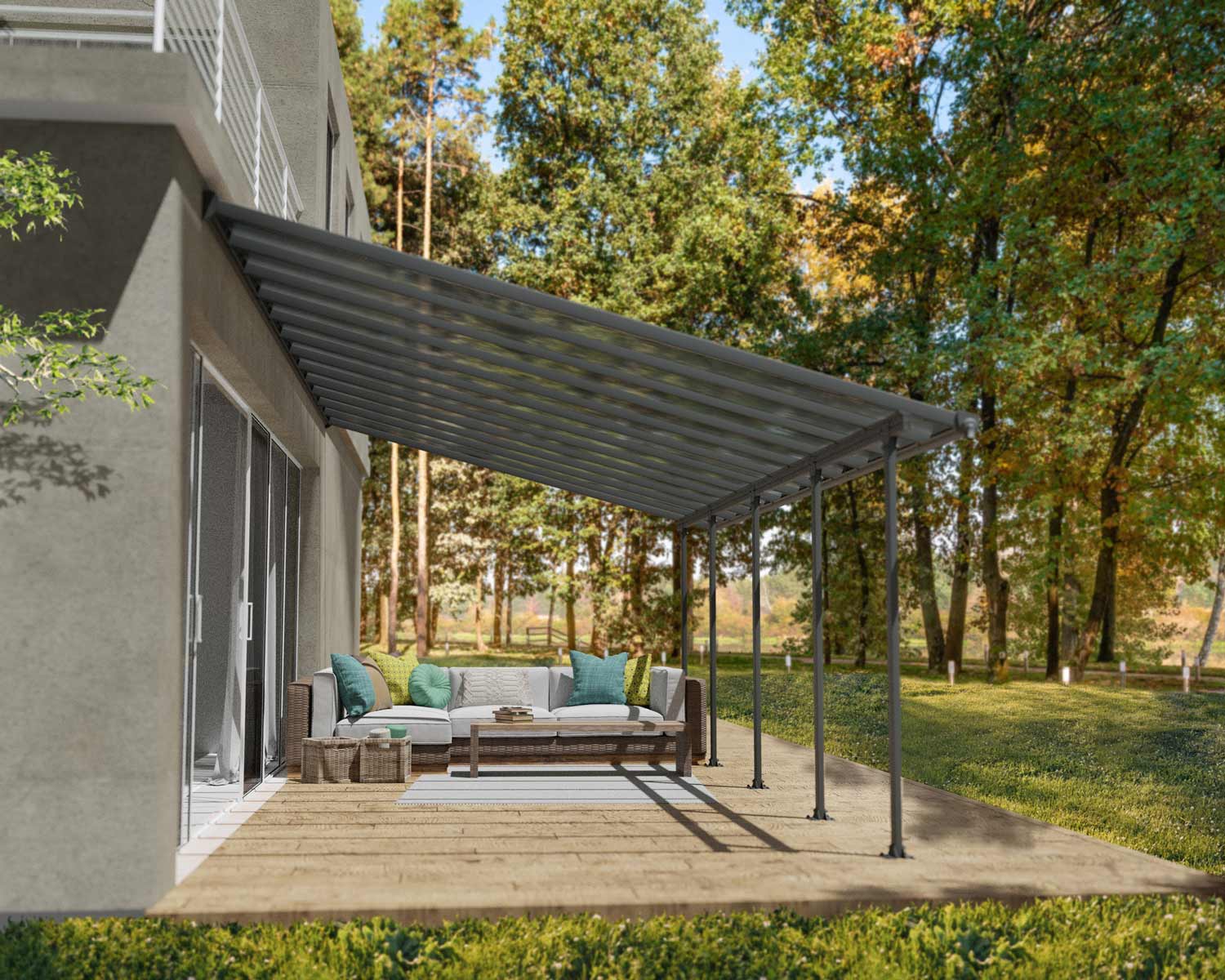 4m x 8m grey Feria patio cover featuring a sturdy aluminum frame and clear polycarbonate panels, offering durable outdoor weather protection