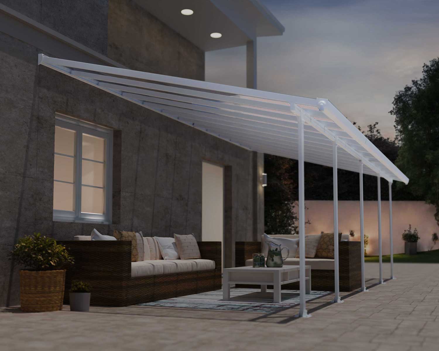 4m x 8m white Feria patio cover with an aluminum frame and clear polycarbonate panels for outdoor weather protection