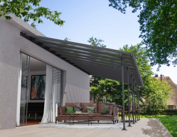 Grey Feria patio cover, 4m x 8.5m, with an aluminum frame and clear polycarbonate panels, offering shade and weather protection