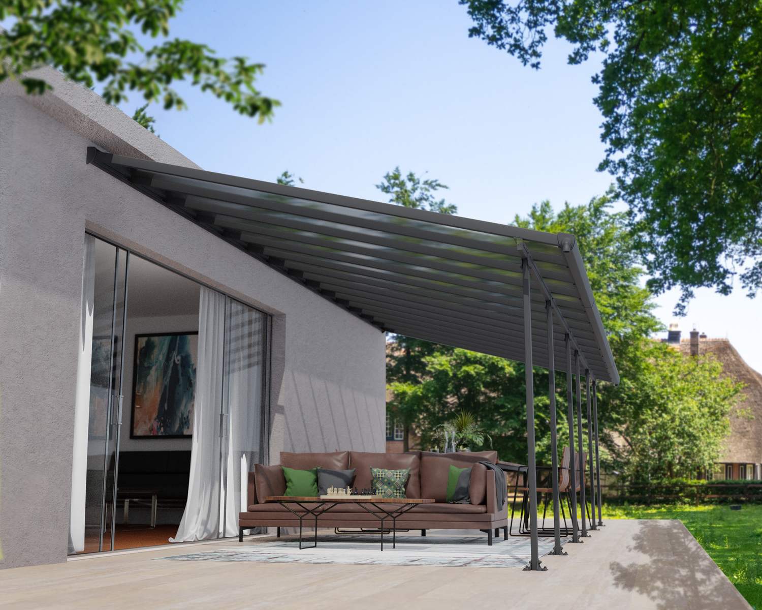 Grey Feria patio cover, 4m x 8.5m, with an aluminum frame and clear polycarbonate panels, offering shade and weather protection