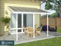 White 4m x 4m Feria patio cover with a sturdy aluminum frame and clear polycarbonate panels, offering shade and protection for outdoor spaces