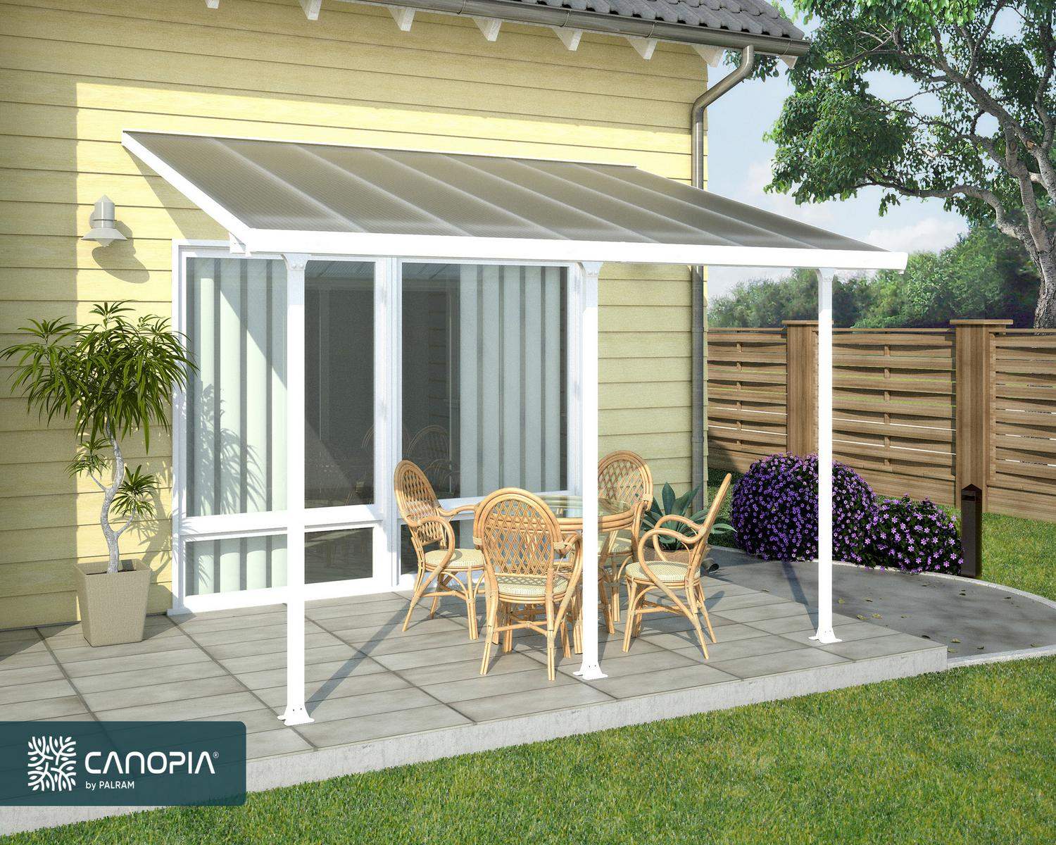 White 4m x 4m Feria patio cover with a sturdy aluminum frame and clear polycarbonate panels, offering shade and protection for outdoor spaces