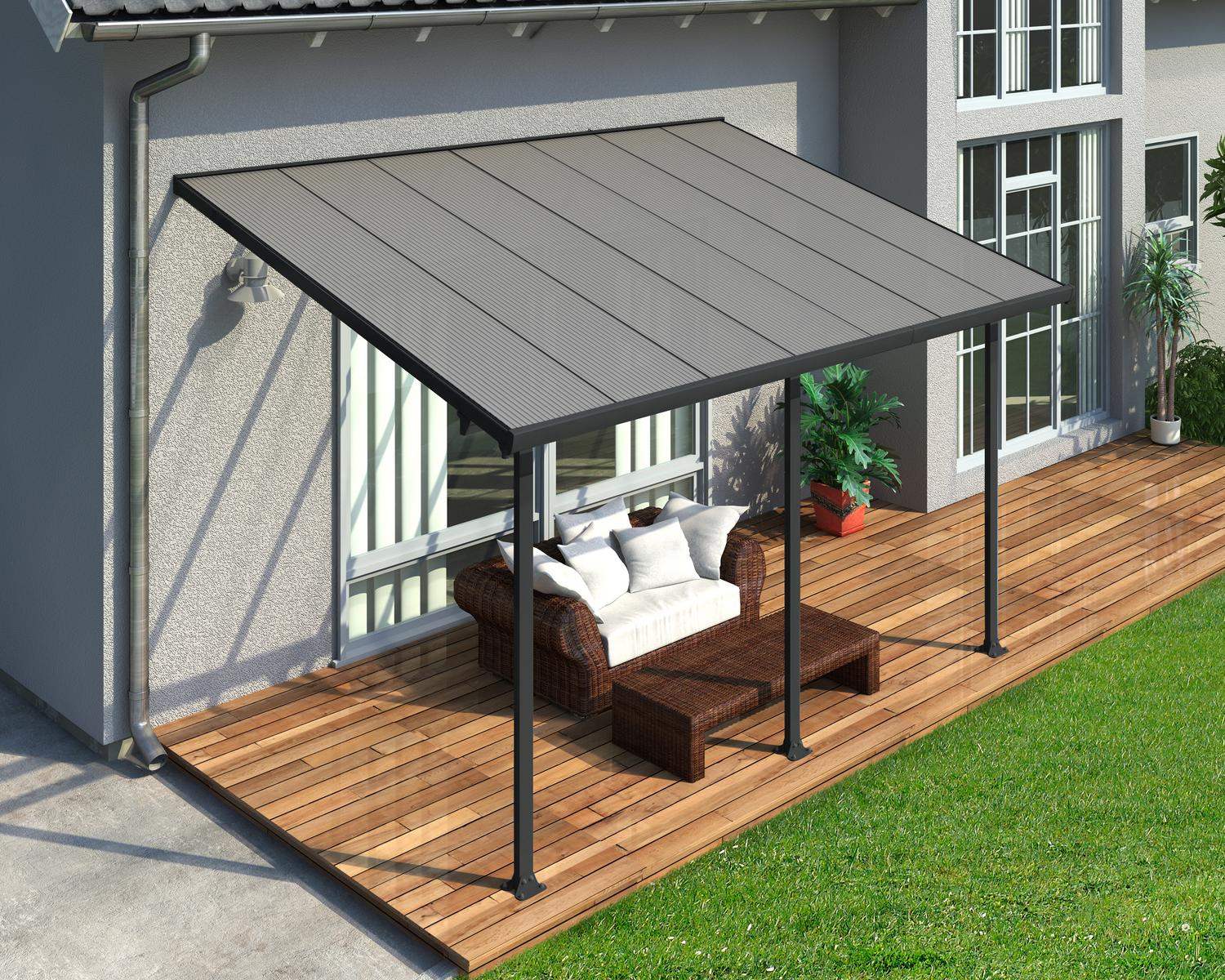 Grey Feria patio cover, 3m x 4.3m, with a strong aluminum frame and clear polycarbonate roof panels for modern outdoor protection