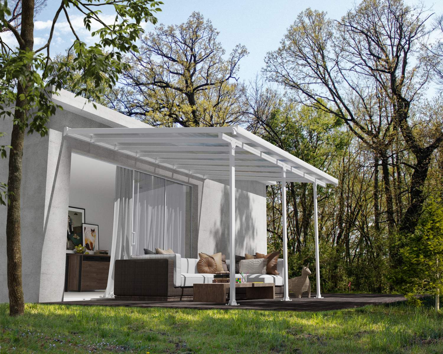White Feria patio cover, 3m x 4.3m, with an aluminum frame and clear polycarbonate roof panels, offering modern outdoor shade and protection