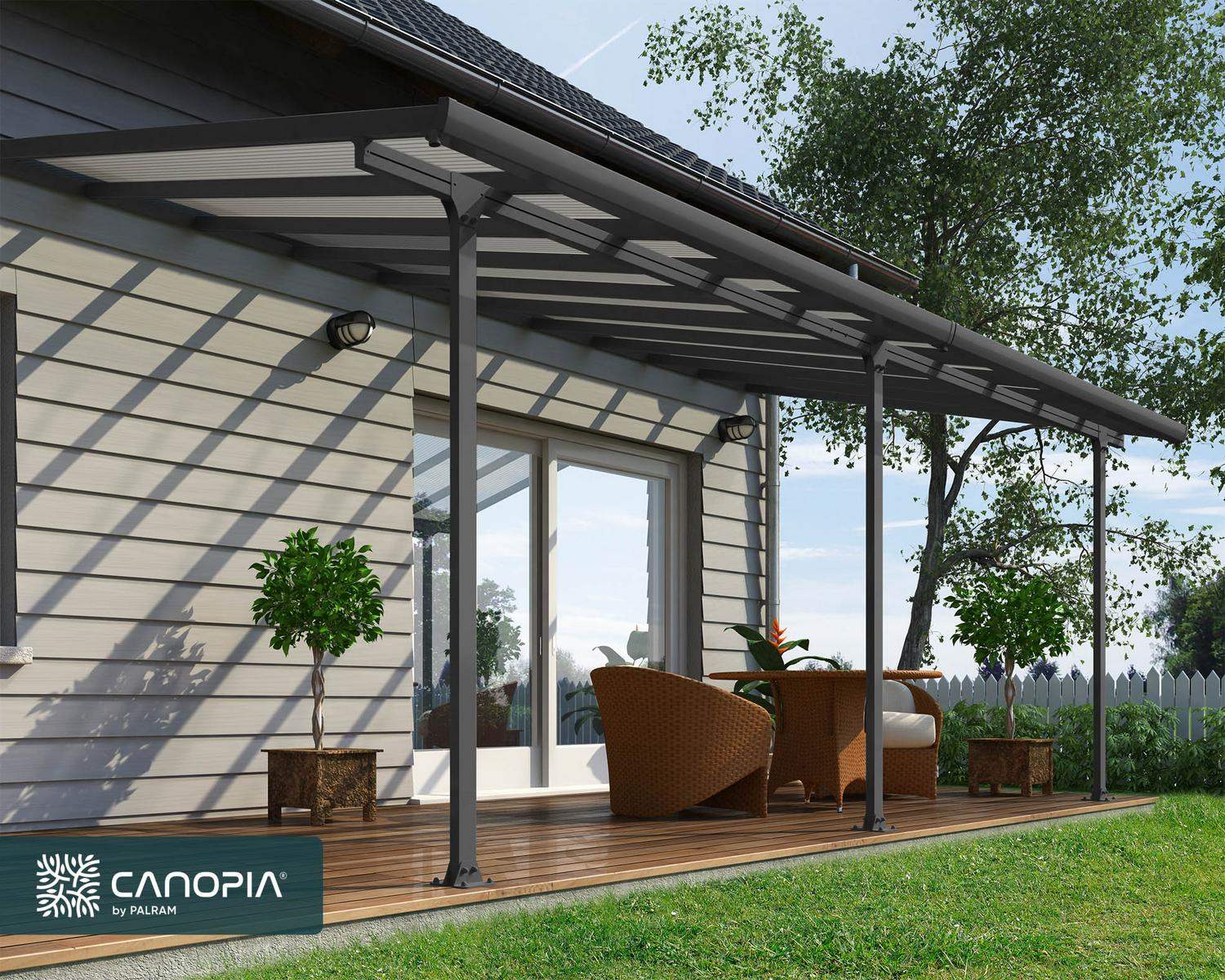 Grey 3m x 6m Feria patio cover with an aluminum frame and clear polycarbonate panels, designed for shade and weather protection