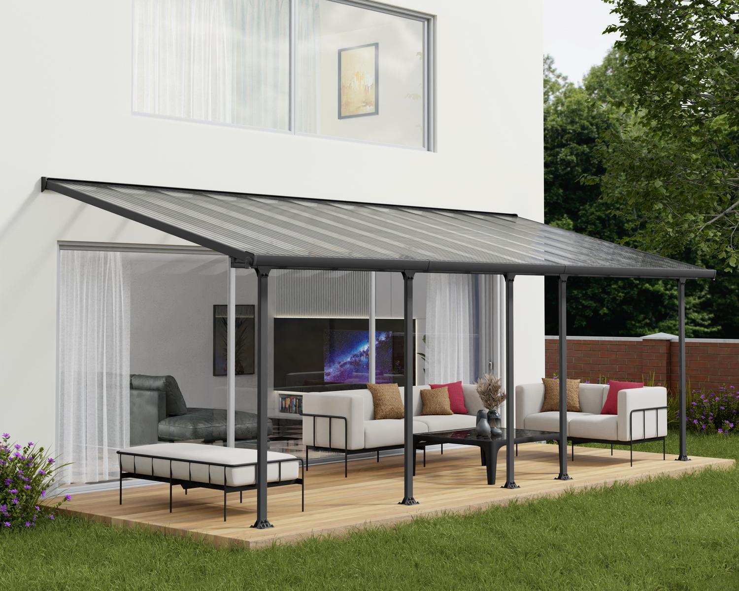 Grey Feria patio cover, 3m x 7.3m, with a sleek aluminum frame and clear polycarbonate panels