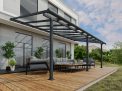 Grey Olympia patio cover, 3m x 6.2m, with an aluminum frame and clear polycarbonate panels, offering outdoor shade and protection