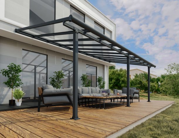 Grey Olympia patio cover, 3m x 6.2m, with an aluminum frame and clear polycarbonate panels, offering outdoor shade and protection