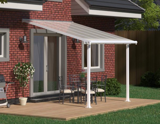 White Olympia patio cover, 3m x 3m, with a sturdy aluminum frame and clear polycarbonate panels, providing weather protection and shade