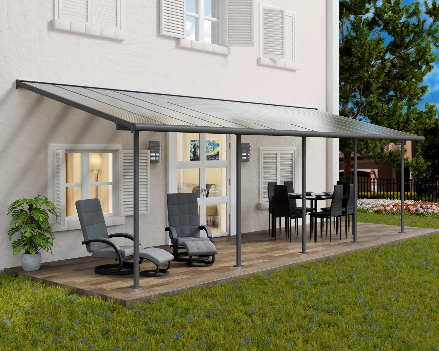 Grey Sierra patio cover, 3m x 8.6m, with a robust aluminum frame and clear polycarbonate panels, offering reliable outdoor weather protection