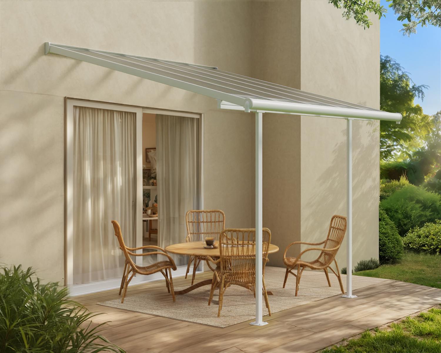 White Sierra patio cover, 3m x 3m, featuring an aluminum frame and clear polycarbonate panels for reliable outdoor weather protection