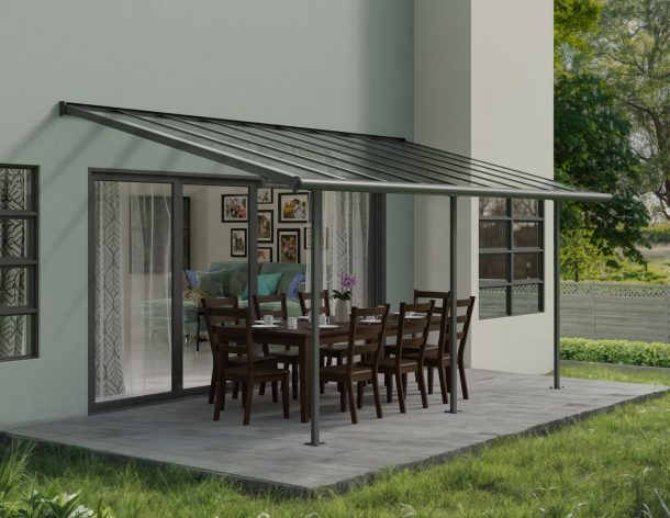 Grey Sierra patio cover, 3m x 5.6m, with an aluminum frame and clear polycarbonate panels for effective shade and protection