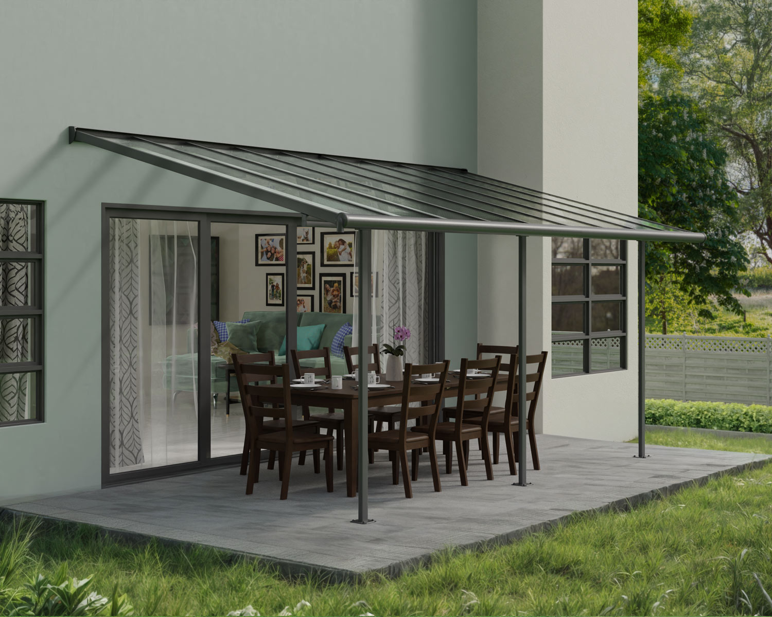 Grey Sierra patio cover, 3m x 5.6m, with an aluminum frame and clear polycarbonate panels for effective shade and protection