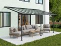 Grey Sierra patio cover, 3m x 6.2m, featuring an aluminum frame and clear polycarbonate panels, offering outdoor shade and weather protection